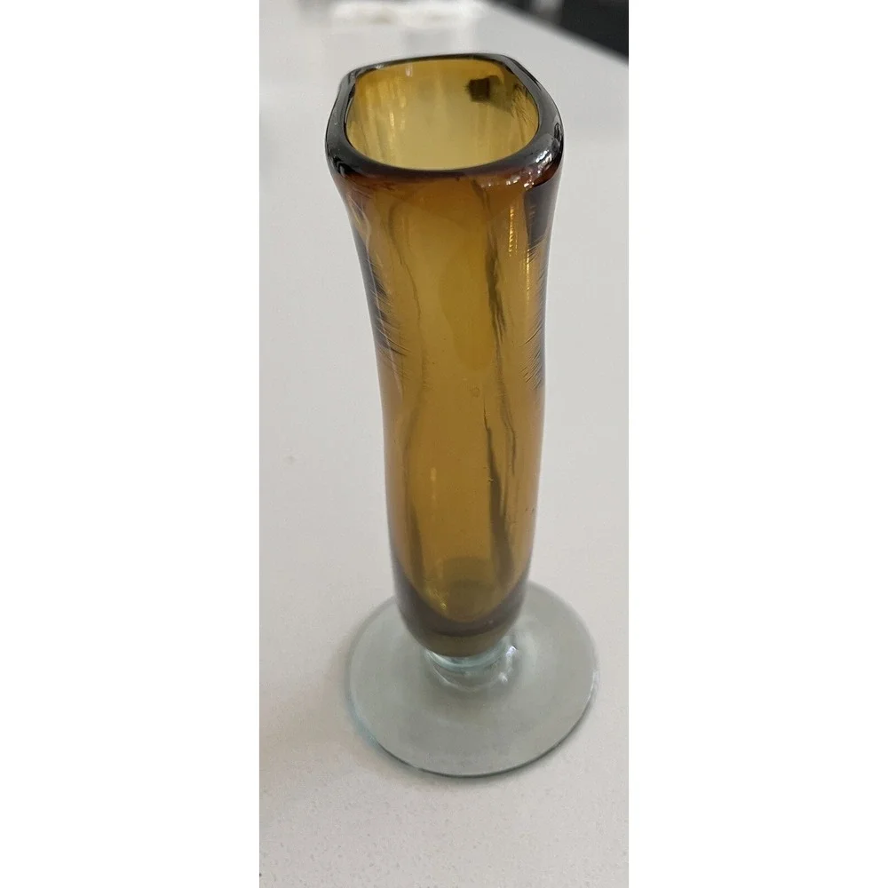 Vtg Hand blown Amber Fan Vase Art Deco Footed Clear Glass Vase